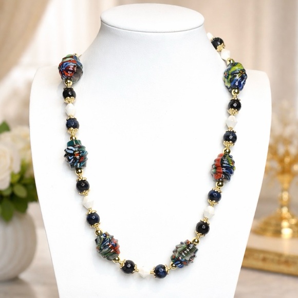 ARTISAN Murano Glass Millefiori, Blue Tiger’s Eye & Vintage Milkglass Necklace - Picture 2 of 16